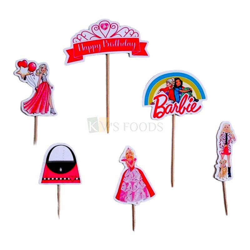 6 PC Barbie Doll Theme Cake Topper, Girl&#39;s, Princess Friends Bday Decorations Items/Cake Cupcake Inserts Accessories, Tags, Cards, Birthday Cake Toothpick Topper DIY Cake Decorations