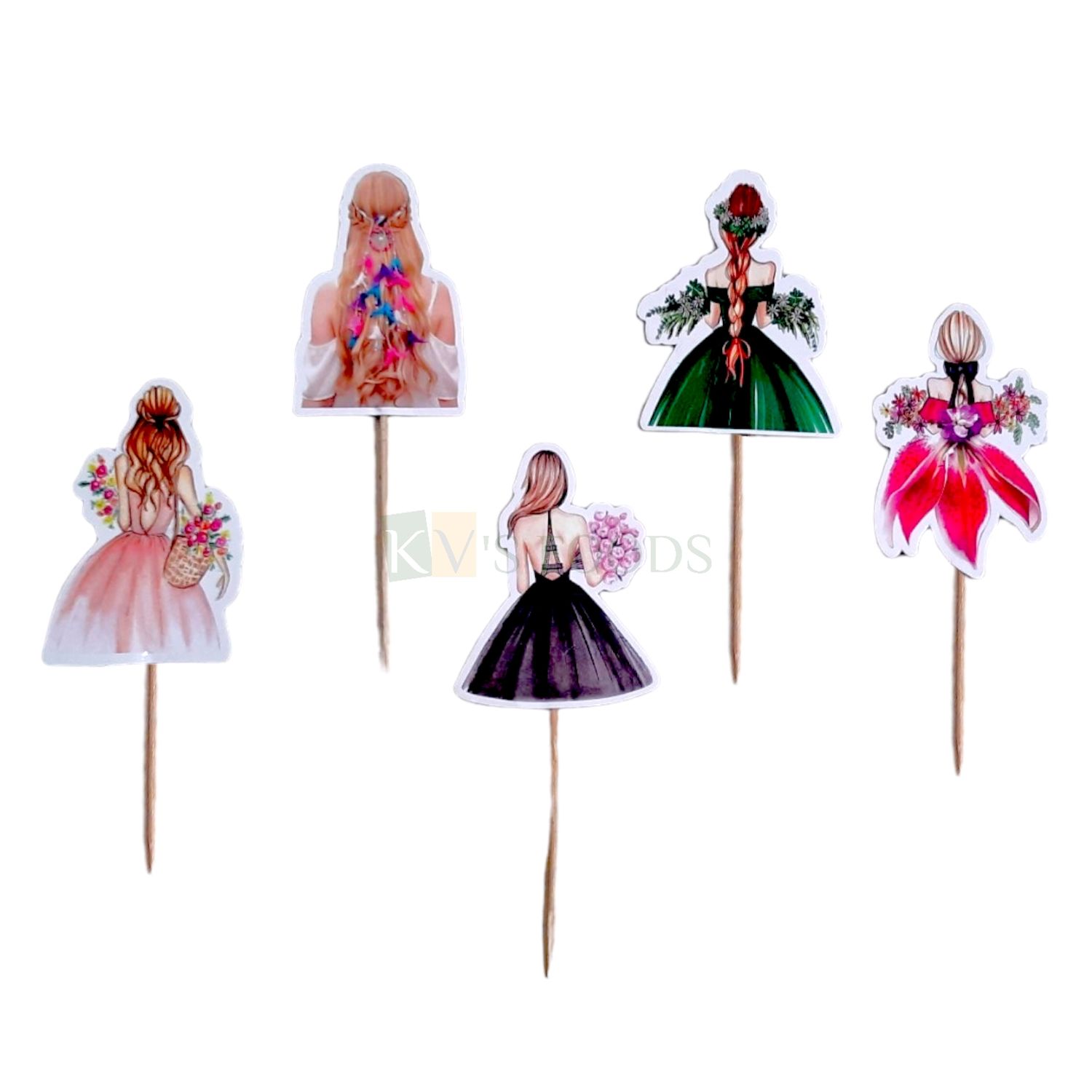 5 PC Backside Standing Bride Girl With Flower Crown Cake Insert, Cake Topper, Cupcake Toppers for Girls, Friends, Sisters, Wife, Bday Decorations Items/Cake Accessories, Tags, Cake Toothpick Topper