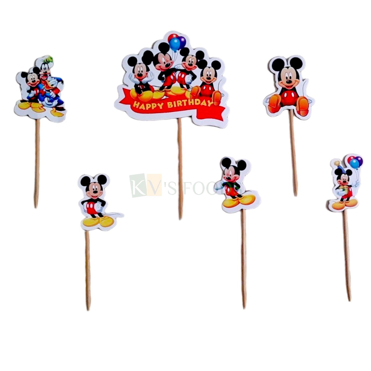 6 PC Mickey Mouse Theme Cake Topper Insert, Kids Boys Childrens Birthday Cupcake Toppers, Home Celebration Bday Decorations Items/Cake Accessories, Tags, Cards, Cake Toothpick Topper