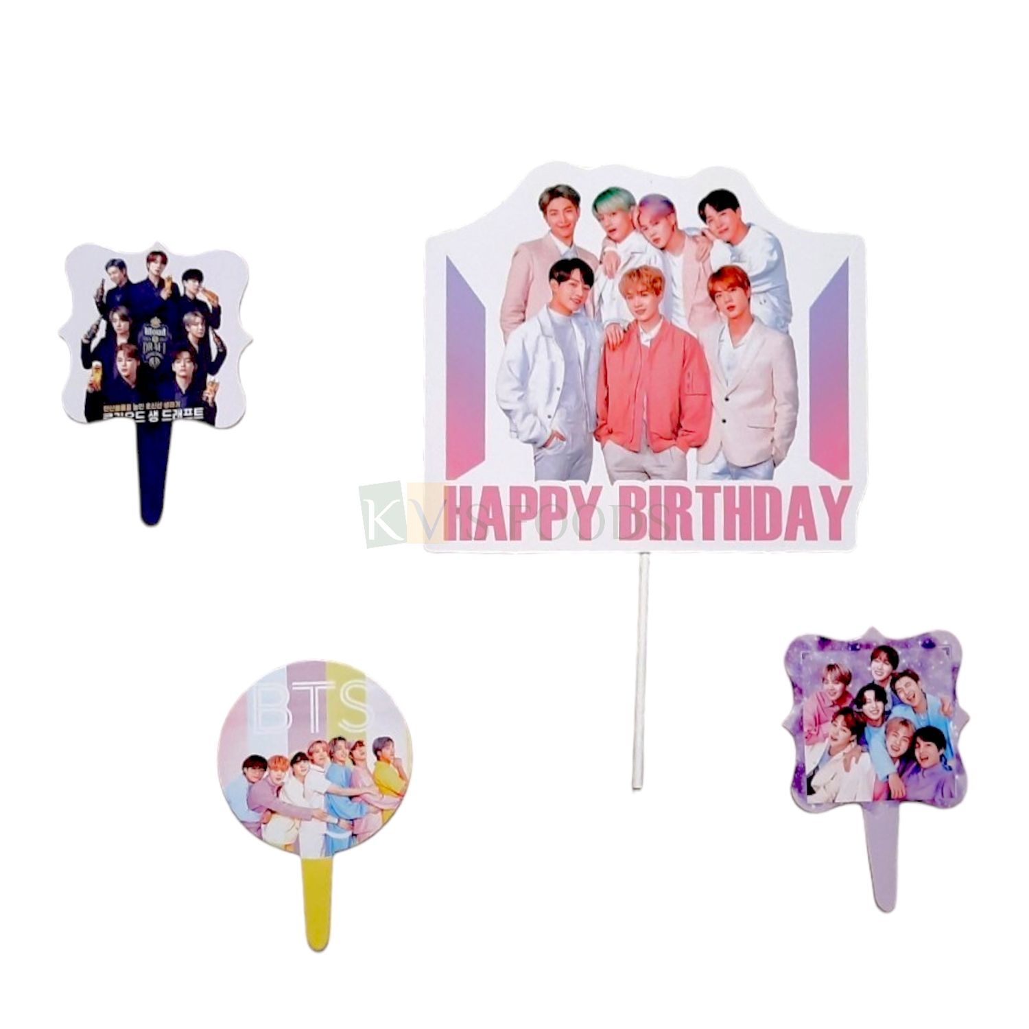 4 PC BTS Theme Birthday Cake Topper Insert, Cupcake Toppers for Boys, Friends, Brother, Birthday Decorations Items/Cake Accessories, Tags, Cards, Cake Toothpick Topper