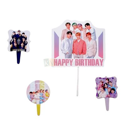 4 PC BTS Theme Birthday Cake Topper Insert, Cupcake Toppers for Boys, Friends, Brother, Birthday Decorations Items/Cake Accessories, Tags, Cards, Cake Toothpick Topper
