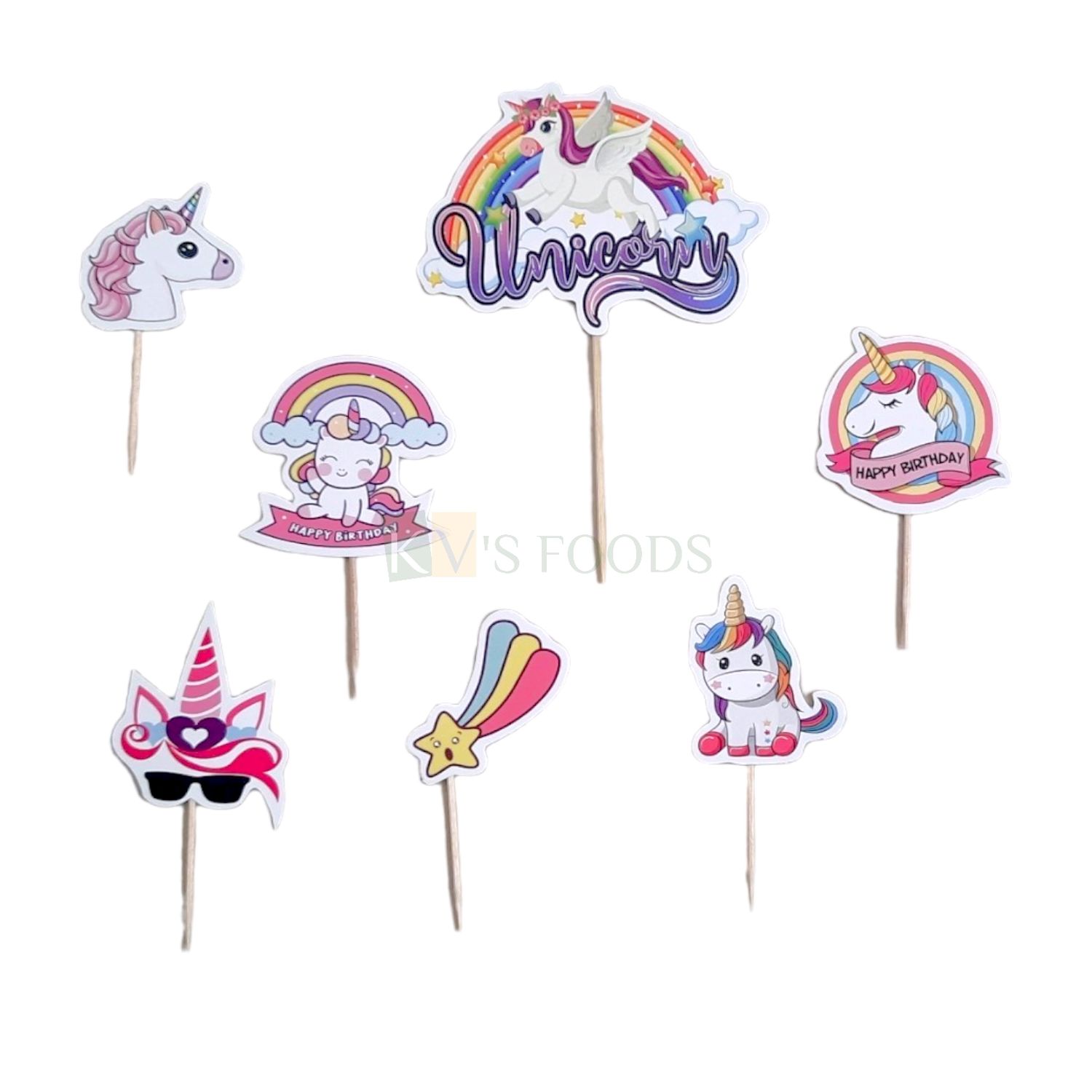 7 PCS Unicorn Pastel Colour Theme with Rainbow Star Cake Topper Insert, Cupcake Toppers Bday, Happy Birthday Decorations Items/Cake Accessories, Tags, Cards, Cake Toothpick Topper