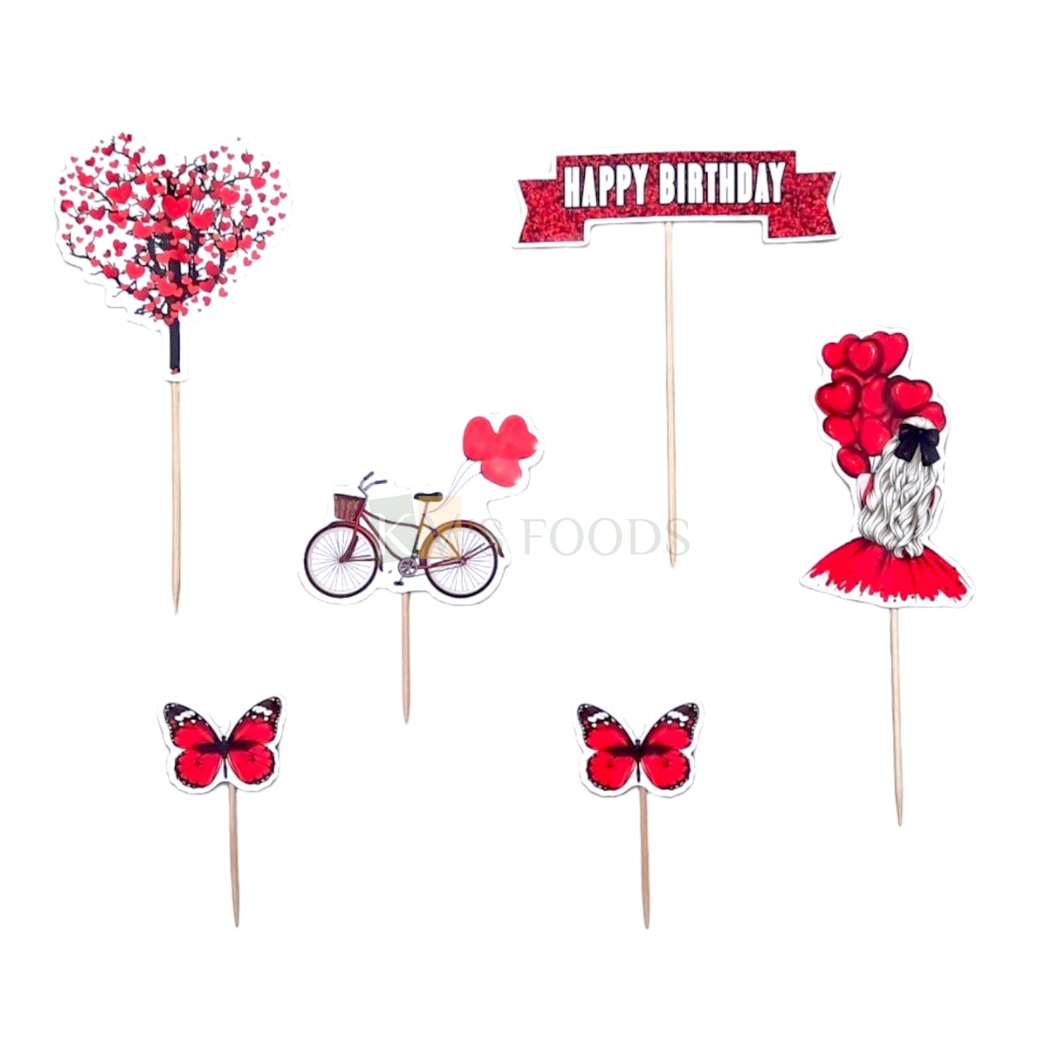 6 PCS Girl with Red Heart Balloons Tree Cycle, Butterfly Happy Birthday Cake Topper Insert, Cupcake Toppers Bday, Love Valentine Theme, Decorations Items/Cake Accessories, Tags Cards, Toothpick Topper