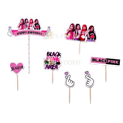 7 PCS Black Pink Happy Birthday Party Cake Topper Cupcake Toppers for Girls Lady Womens Friends Parties Decorations Items Cake Accessories, Tags, Banner, Cards Cake Inserts