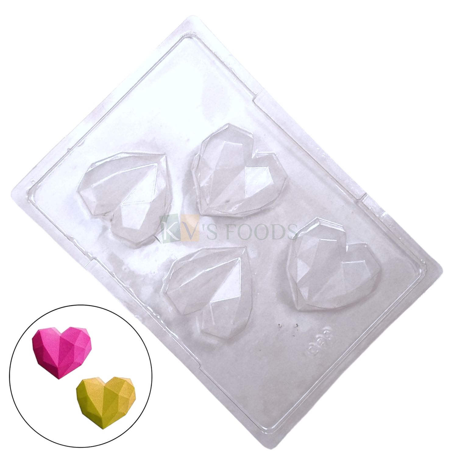 1 PC Size 9.7 x 6.8 Inches, Thickness 2 cm, Rectangle, 3D Geometrical Heart Diamond Shape PVC Chocolate Mould, 4 Cavity Transparent Candy Mold Gummy Jelly Garnishing DIY Love Valentine Cake Decoration
