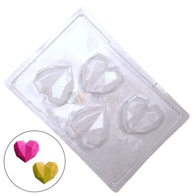 1 PC Size 9.7 x 6.8 Inches, Thickness 2 cm, Rectangle, 3D Geometrical Heart Diamond Shape PVC Chocolate Mould, 4 Cavity Transparent Candy Mold Gummy Jelly Garnishing DIY Love Valentine Cake Decoration