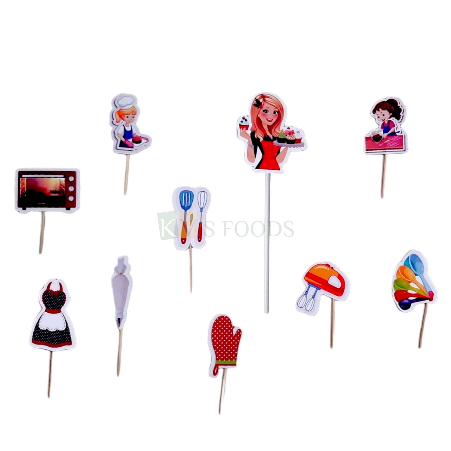 10 PCS Cooking Theme Cake, Mummy Kids in Kitchen, Apparen, Oven, Gloves, Beater, Measuring spoons, Kitchen Baking Accessories, Cupcake Toppers,  Tags, Banner, Cards Cake Toothpick Inserts