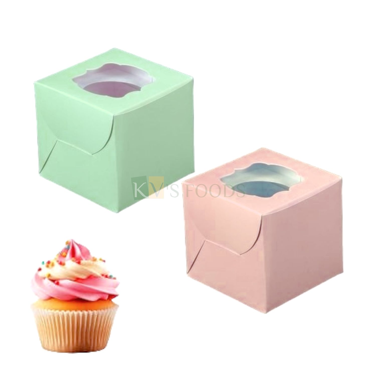 5PCS Set of Peach/Green Pastel Colour 1 Piece Cupcake Box, Cube Box With Transparent Window and 5 Cavity, Box, Size 3.7*3.7*3.6 Inch for Chocolates, Muffins, Biscuits, Macaron, Doughnuts, Folding Box