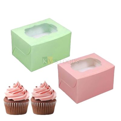 5PCS Set of Peach/Green Pastel Colour 2 Piece Cupcake Box With Transparent Window and 5 Cavity, Box Size 6*4.6*3.7 Inch for Chocolates, Muffins, Cookies, Biscuits, Macaron, Donut, Festival Folding Box