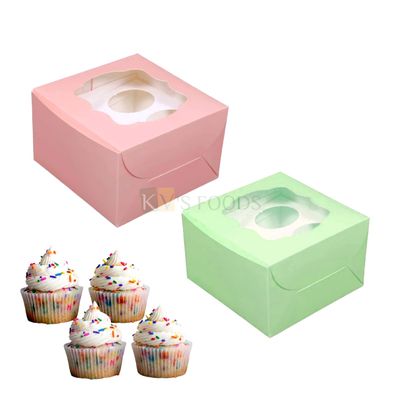 5PCS Set of Peach/Green Pastel Colour 4 Pieces Cupcake Box With Transparent Window and 5 Cavity, Box Size 6*6.1*3.7 Inch for Chocolates, Muffins, Cookies, Biscuits, Macaron, Donut Festival Folding Box