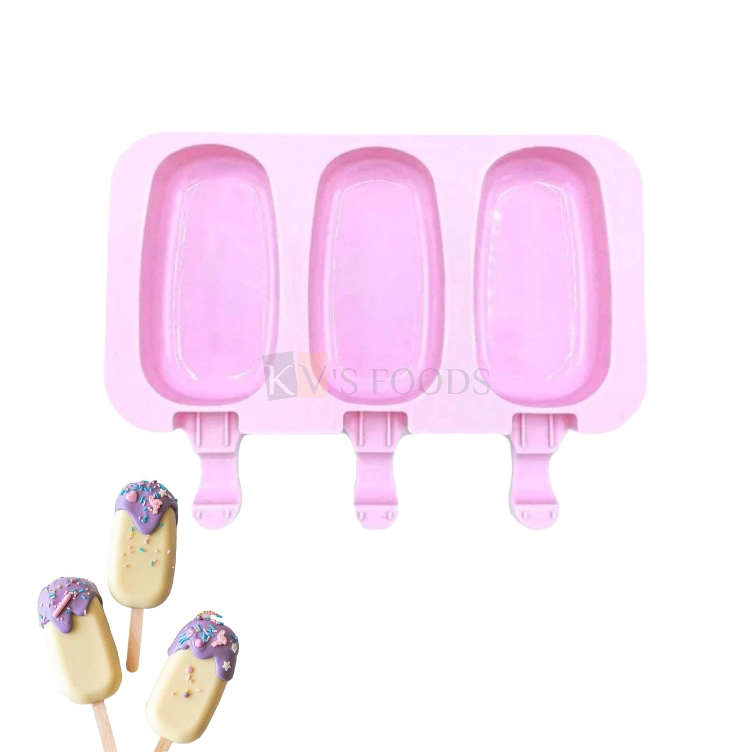 3 Cavity Pink Flexible Big Cakesicle Mould, Popsicle, Ice Pop Silicon Mould, Chocolate, Ice Cream Bar, Candies, Kulfi, Cakes, Dessert Mold, Ice Cubes for Homes, Kitchen DIY Birthday Cake Decorations