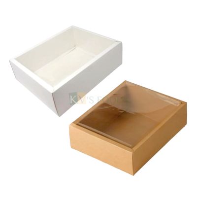 1 PC Kraft Brown/White Colour Multipurpose Chocolate Hamper Box with Transparent Window Box Size 10.2*8.1*3 Inch for Sweets, Dryfruits, Candies, Doughnuts, Jars Upto 250 ML, Return Gifts Pacakging