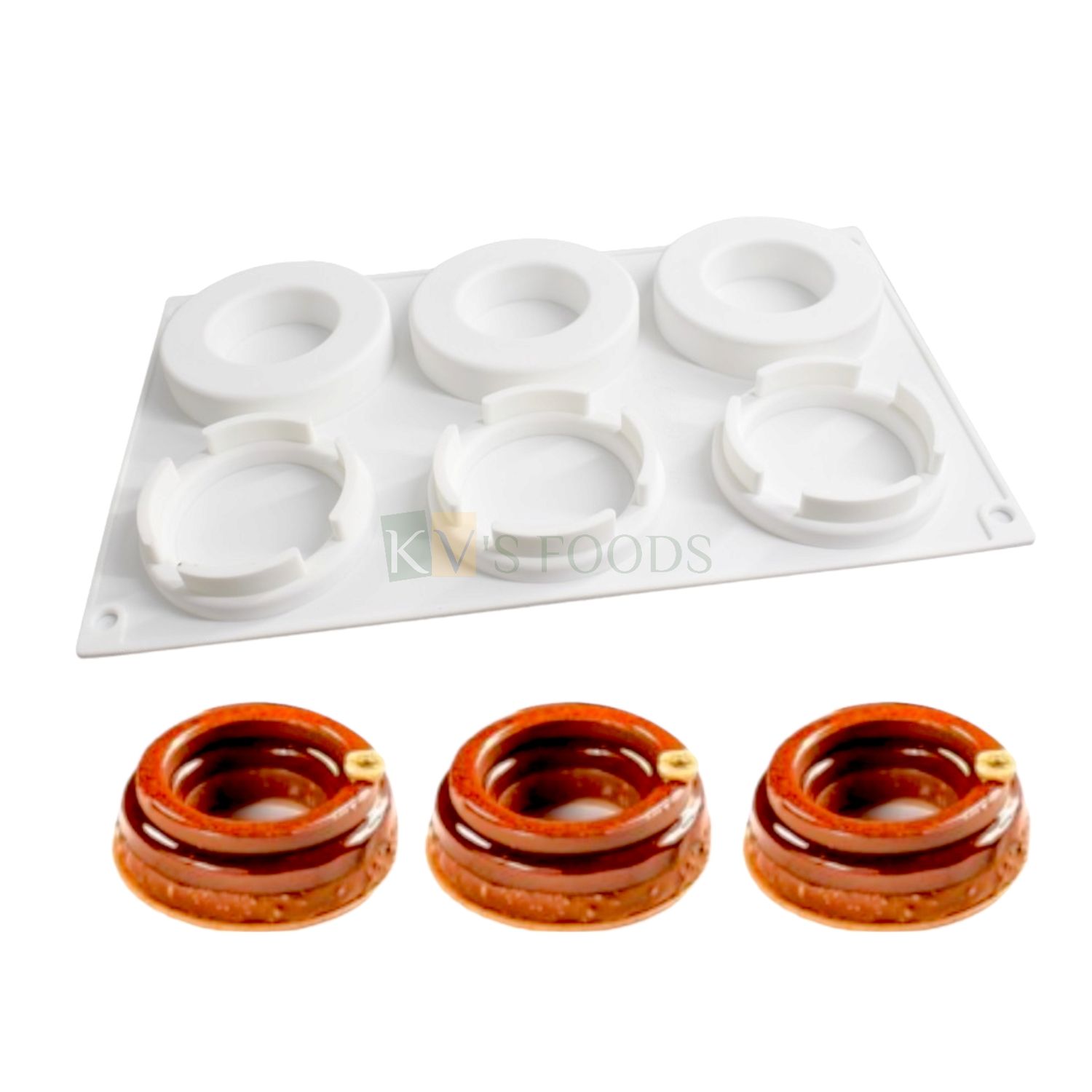 1 PC 6 Cavity White Silicone 3D Big Circle Rings Shaped Chocolate Mould, Size 29.5x18x1.9 cm, Mousse Mold Classic French Dessert Baking Pudding, Gelatin Cakes, Reusable Tools, Fondant Cake Decorations