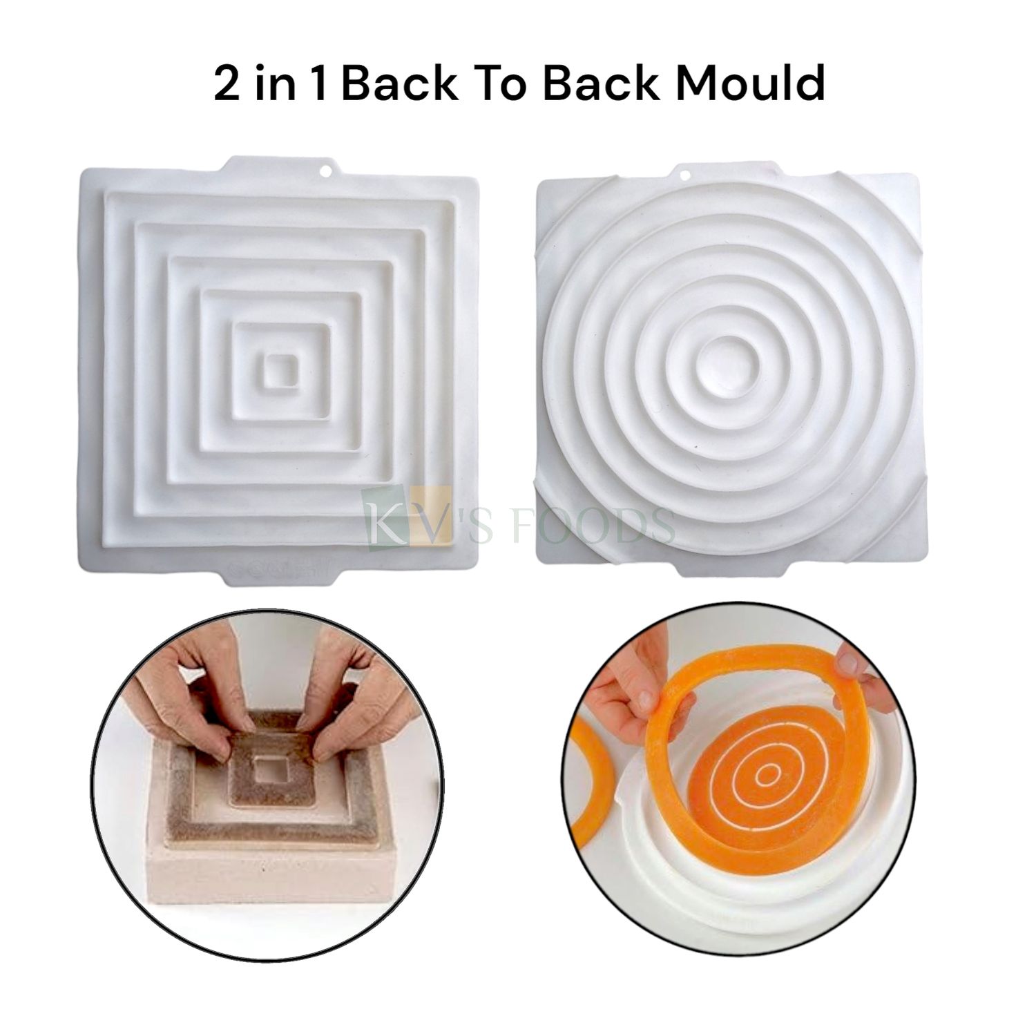 1 PC White Silicone Square Circle Rings Shaped Chocolate Back to Back 2 in 1 Entremet Mould, Size 10x10x1 Inch, Classic French Dessert Baking Pudding, Gelatin, Jelly, Fondant Birthday Cake Decorations