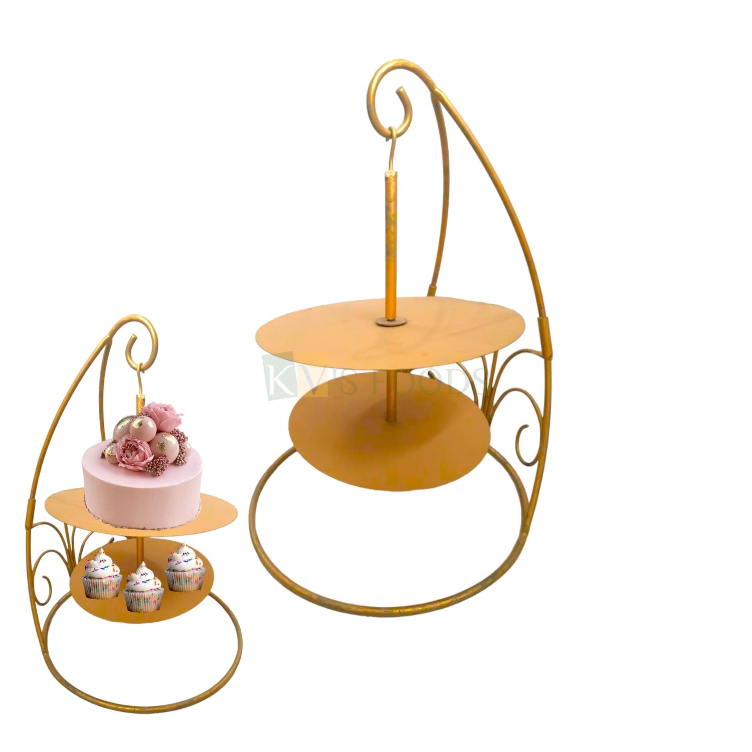 1 PC Golden Height 20 Inch Big Double 2 Tier Hanging Chandelier, Iron Metallic for Cakes, Dessert, Cupcake Stand, Cake Riser, Centerpiece Pedestal Floating Cake Stand, Tableware Wedding Decorations