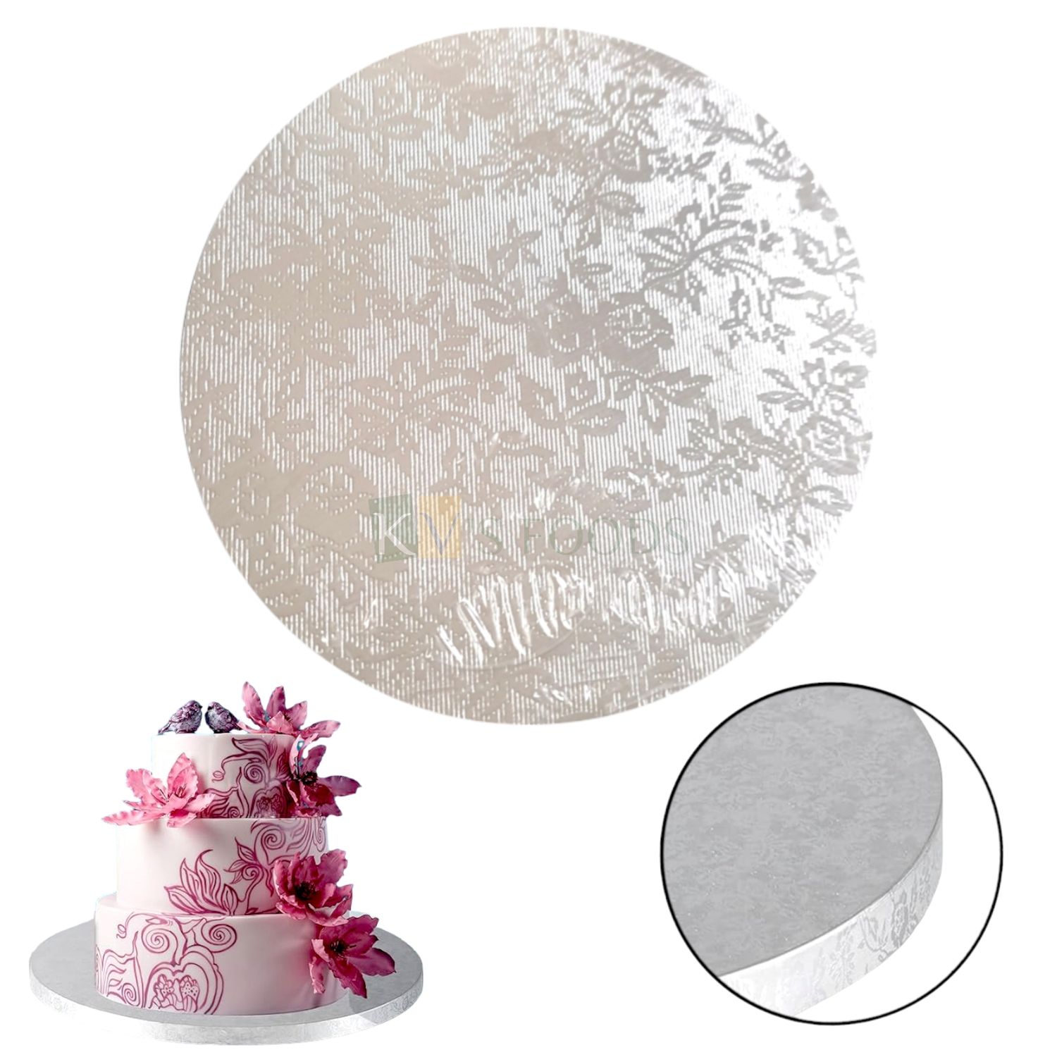 1 PC Diameter 16 Inch, Thickness 0.5 Inch, Heavy Rose Flower Leaf Patterned Design On Cake Drum Board, Round Silver Sturdy, Grease Resistant for Birthday Wedding Multi-Tiered Party, Anniversary Cakes