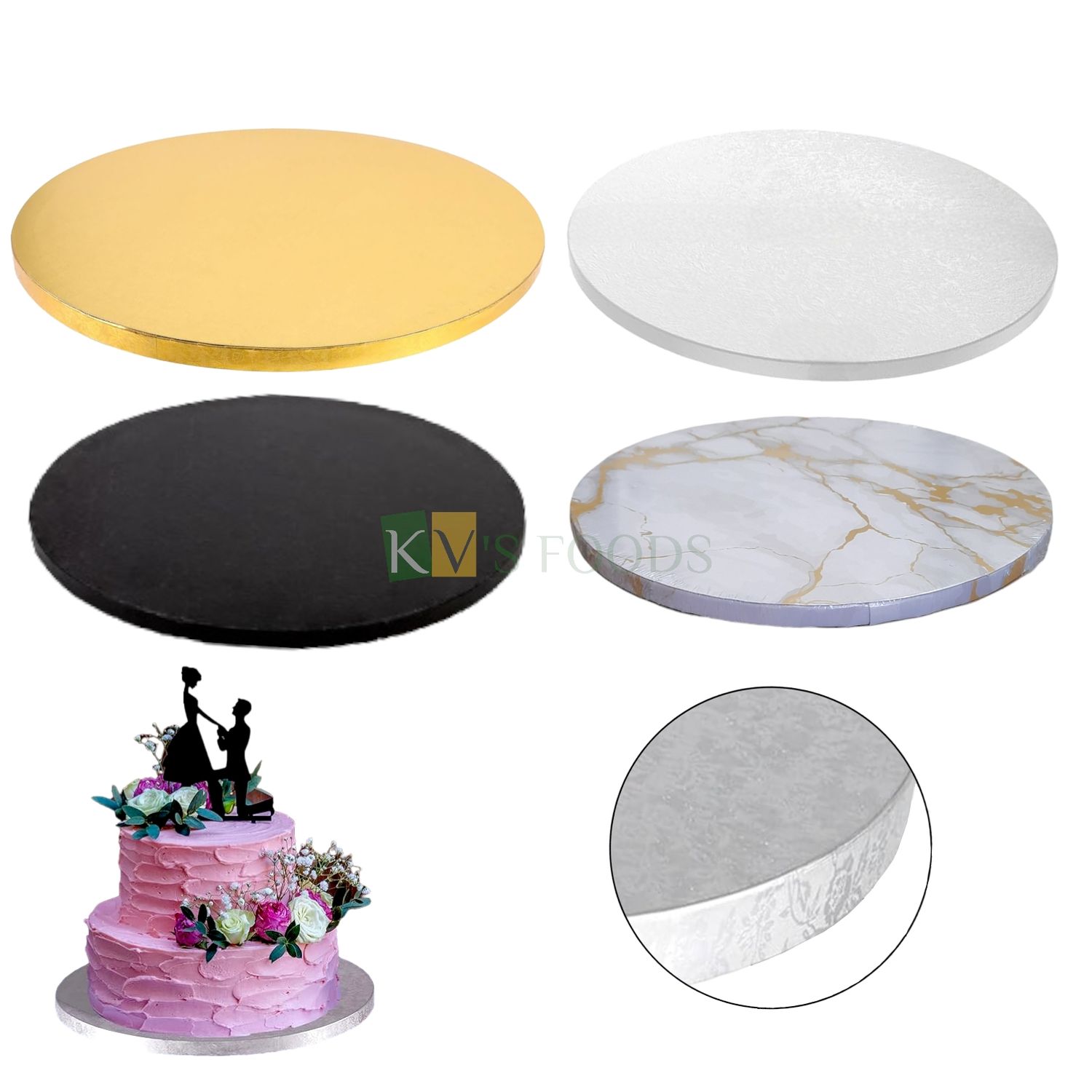 1 PC Diameter 14 Inch, Thickness 0.5 Inch, Heavy Rose Flower Leaf Patterned Design On Cake Drum Board, Round Sturdy, Grease Resistant for Birthday Wedding Multi-Tiered Silver Golden Black Marble Color