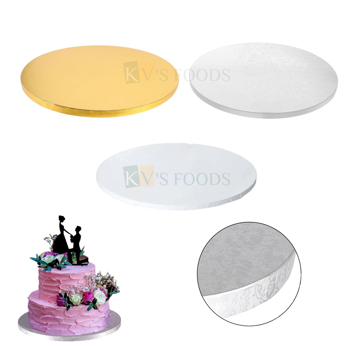 1 PC Diameter 12 Inch, Thickness 0.5 Inch, Heavy Rose Flower Leaf Pattern Design On Cake Drum Board, Round Silver, White, Golden, Sturdy, Grease Resistant for Birthday Wedding Multi-Tiered Party Board