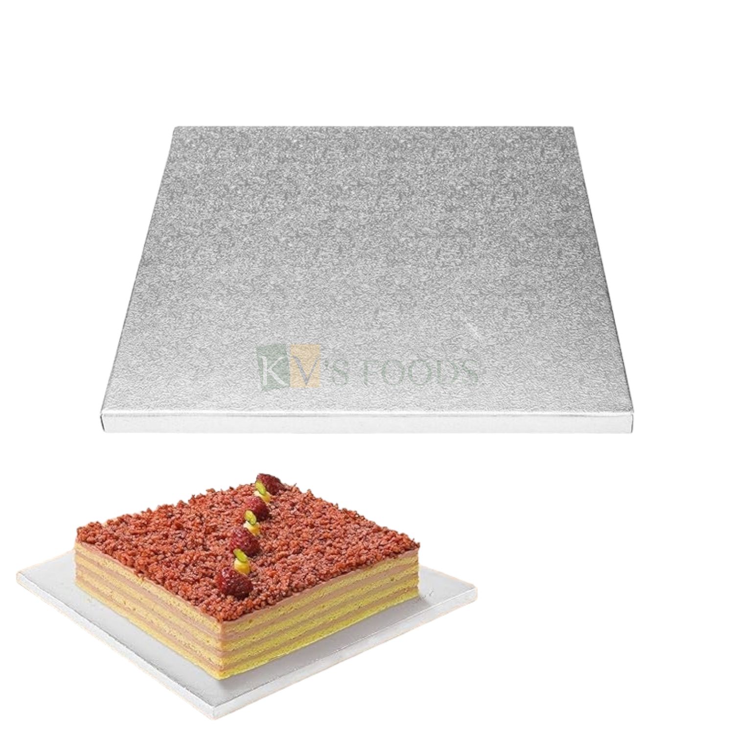 1 PC Size 14 Inch, Thickness 0.5 Inch, Heavy Rose Flower Leaf Pattern Design On Cake Drum Board, Square Shape Silver Sturdy, Grease Resistant for Birthday Wedding Multi-Tiered Party, Anniversary Cakes