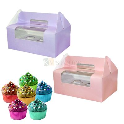 5PCS Set of Peach/Purple Pastel Colour 6 Pieces Cupcake Box With Transparent Window and 5 Cavity, Box Size 10.3x 7x4 Inch for Chocolates, Muffins, Cookies, Biscuit, Macaron, Donut Festival Folding Box