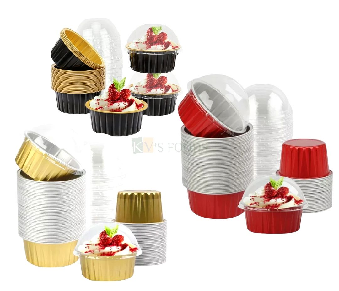 10 PCS Set 125ml Colorful Aluminium Disposable Ramekins Cups With Dome Lids, 125ml/ 5 OZ Mini Bake &amp; Serve Pans With Lids Aluminium Foil Baking Cups for Cupcakes, Mousses, Pudding Containers Liners