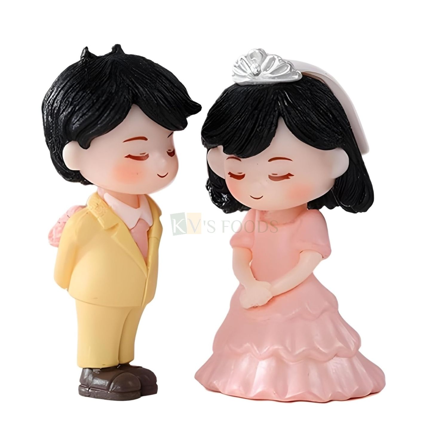Cake Topper Cute Shy talking couple with eyes closed &amp; open with flowers bouquet Miniature Doll Cake Topper, Fairy Garden, Bonsai Decor, Terrarium Decoration, Craft Work, Gift Article and Landscaping