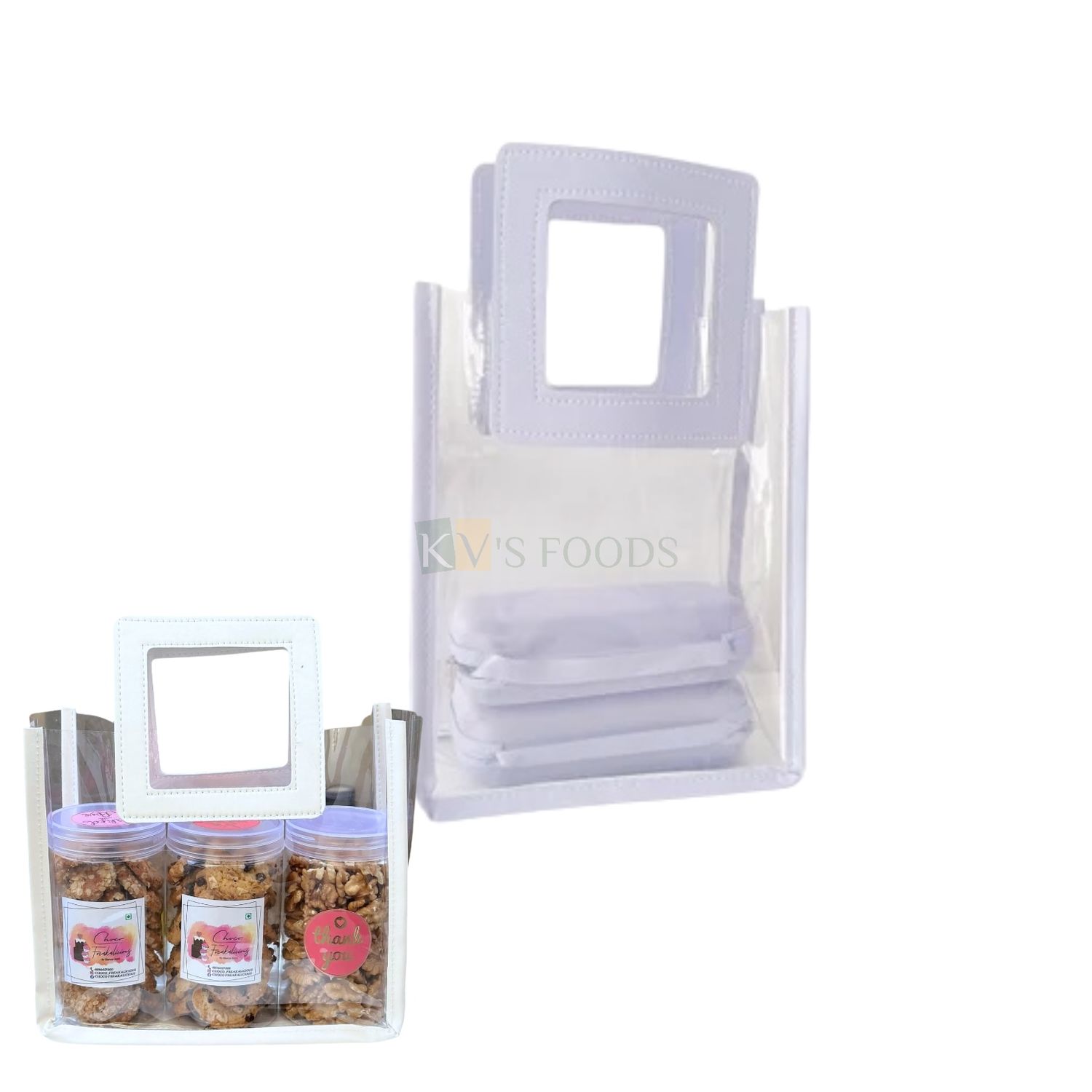 5 Pices of PVC Transparent Hamper Gift Bag with White/ Peach border and Square handle for special occasions &amp; Festival, Gifting, Diwali, Rakhi, Christmas can be used for Jar Cakes, Dryfruits gifting