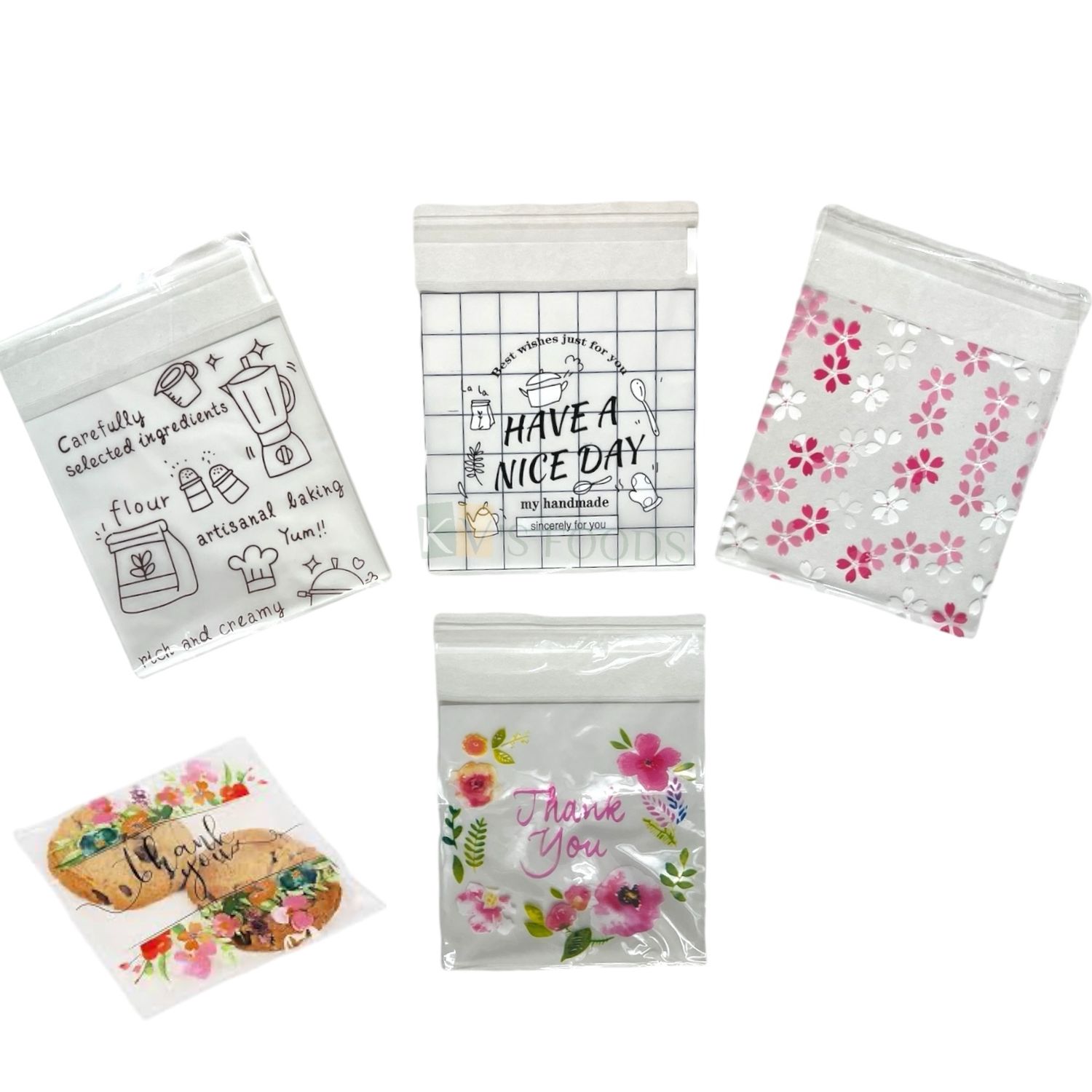 100 PCS Transparent Clear Plastic Printed Designer Cookie Bags in 4&quot; x 5&quot; for Packaging Resealable For Bakery, Adhesives, Candles Soap, Biscuits, Plastic Cellophane Bags with self seal strip
