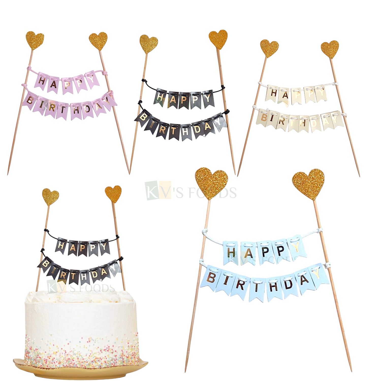 1PC Paper Happy Birthday Bunting Pataka Banner Cake Topper with Shiny Glitter Hearts Paper Foam, Cake Insert, Kids Girls Boys Birthday Party Theme, Cake Decoration Accessories, DIY Cake Decor