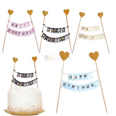 1PC Paper Happy Birthday Bunting Pataka Banner Cake Topper with Shiny Glitter Hearts Paper Foam, Cake Insert, Kids Girls Boys Birthday Party Theme, Cake Decoration Accessories, DIY Cake Decor