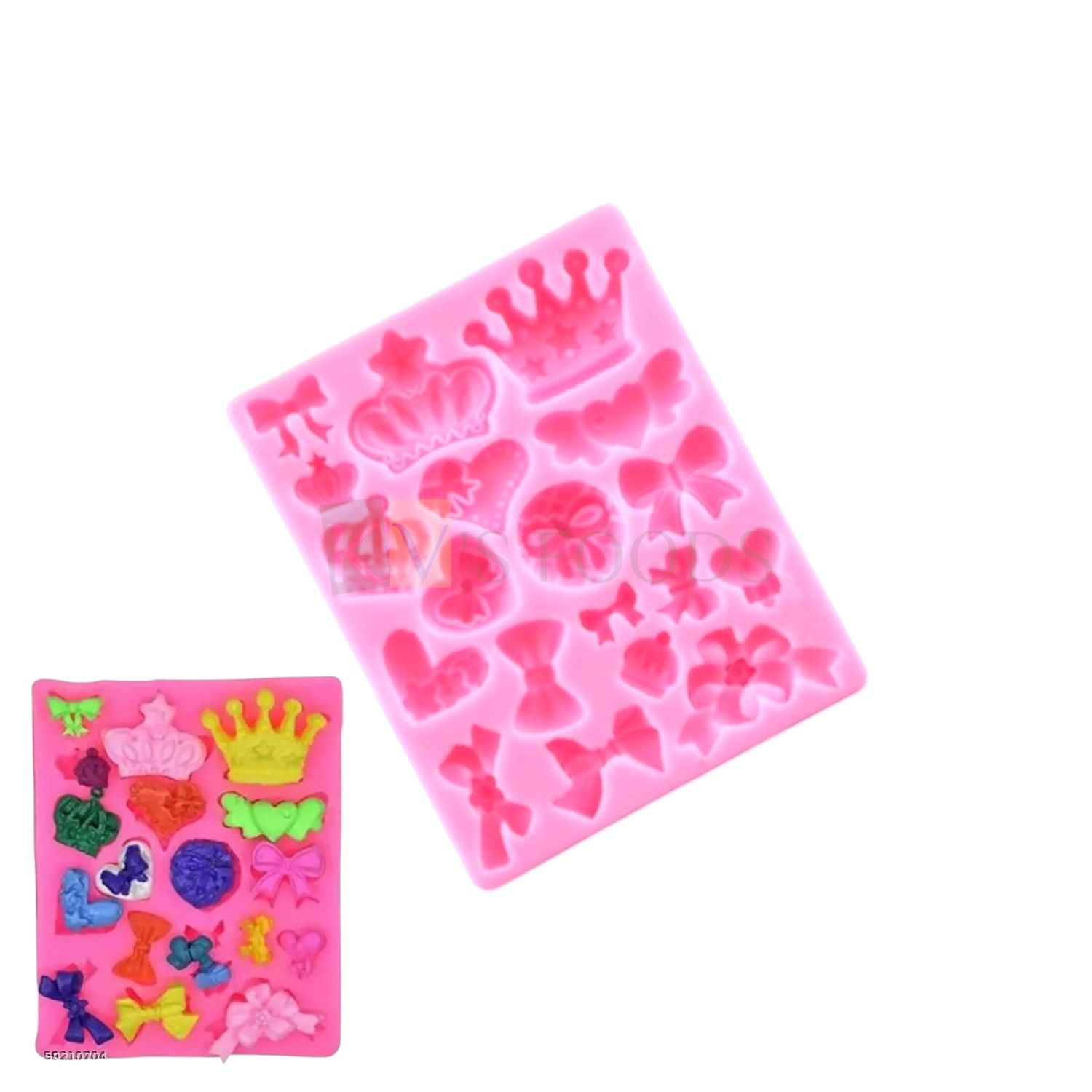 1 PC Silicone Fondant Different Designs Bowknot, Tie Ribbon Crown Heart Chocolate Mould, 19 Cavity, Kids Girls Children&#39;s Birthday Theme, Baby Shower Theme, Flexible Moulds DIY Cake Decorating Molds