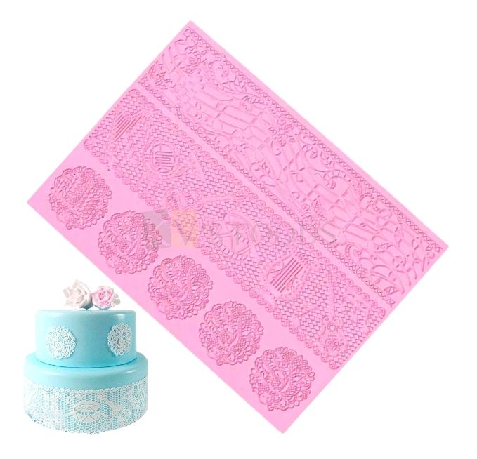 1 PC Pink Colour Silicone Lace Mat for Cake Border Theme Mat Fondant Impression Cake Border Lace Mould Decorating Tools Sugar Lace Baking Mat DIY Embossing Pad Chocolate Lace DIY Cake Decorations