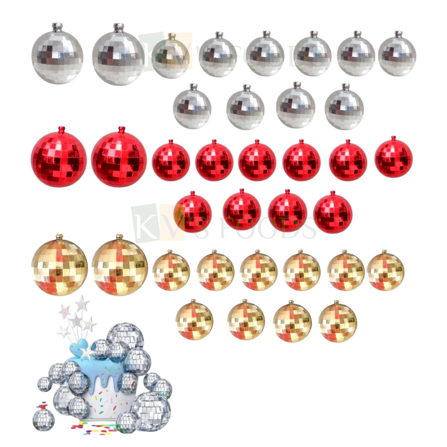 12 PCS Round Circle 2 Different Sizes 1.5 and 1.1 Inch Shiny Checks Design Disco Faux Balls Cake Toppers, Cupcake Wedding Anniversary Baby Shower, Happy Birthday Party Theme DIY Cake Decorations