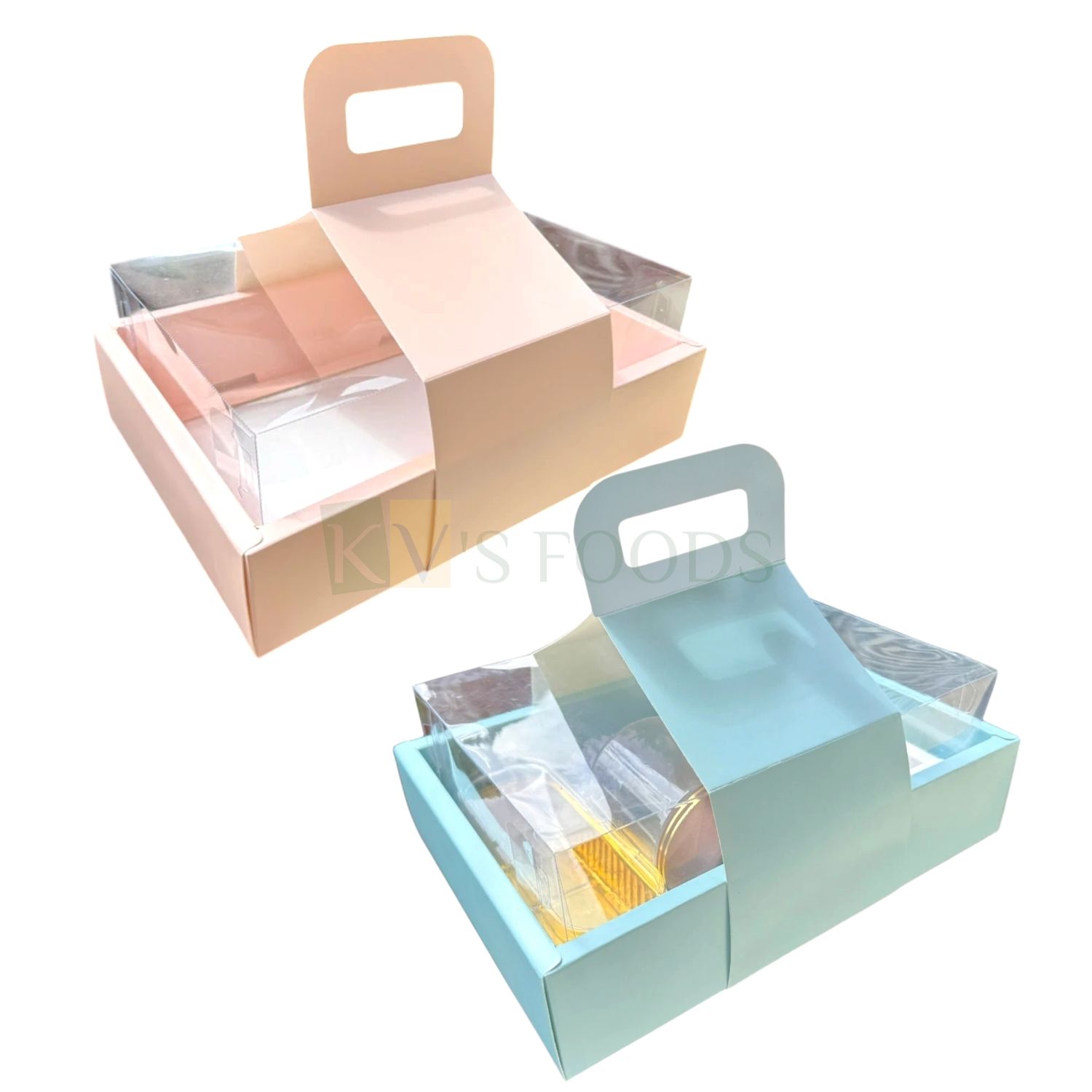5 PC Pastel Blue/Peach Colour 6 Cavity Multipurpose Chocolate Jar Hamper Box with Transparent Lid, Handle Box Size 11 x 7.9 x 4 Inch for Sweets, Dryfruit, Candies, Truffles, Muffins, Gift Hamper Bag