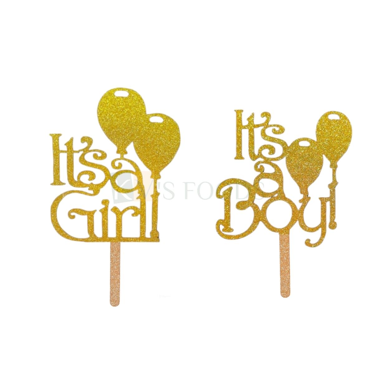 1PC Golden Shiny Glitter MDF Its A Girl! or Its A Boy! With Balloons Cake Topper, Baby Shower Ceremony, Unique Elegant Font Design Cake and Cupcake Topper Glitter Insert DIY Cake Decorations
