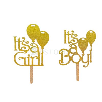 1PC Golden Shiny Glitter MDF Its A Girl! or Its A Boy! With Balloons Cake Topper, Baby Shower Ceremony, Unique Elegant Font Design Cake and Cupcake Topper Glitter Insert DIY Cake Decorations