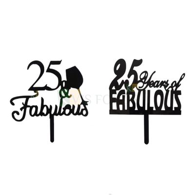1PC Black Acrylic 25 Number &amp; Fabulous with Glass Cake Topper, Silhouette Cake Topper, 25 Years Anniversary Theme, Birthday Theme Topper, 25th Girl Princess Birthday Cake Insert, DIY Cake Decorations