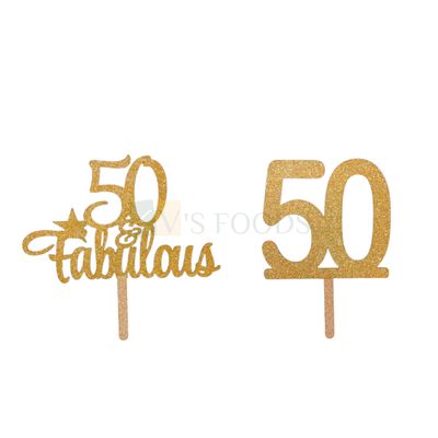1PC Golden Shiny Glitter MDF 50 Number &amp; Fabulous with Star Cake Topper, 50 Years Old Happy Birthday Theme Cake Topper 50th Birthday Cake Insert for Mother, Father, Grandfather, DIY Cake Decoration