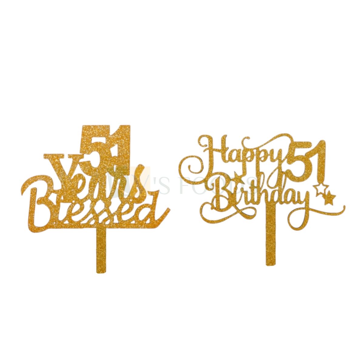 1PC Golden Shiny Glitter MDF 51 Years Blessed Cake Topper, Happy 51 Birthday Cake Glitter Insert 51 Years Old Birthday Theme, Fifty One Number Unique Elegant Font Design 51st  Birthday Celebrations