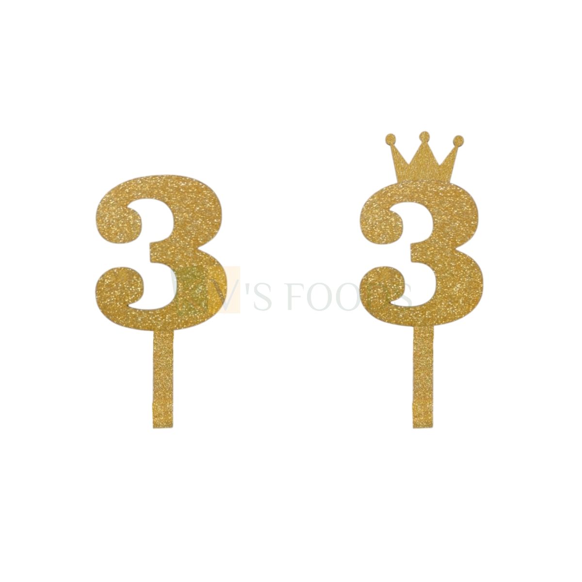 1PC Golden Shiny Glitter MDF 3 Number With Crown Cake Topper, 3rd Birthday Cake Topper, Three Number Theme Cake Glitter Insert 3 Years Old Birthday Anniversary Party DIY Cupcake Decorations