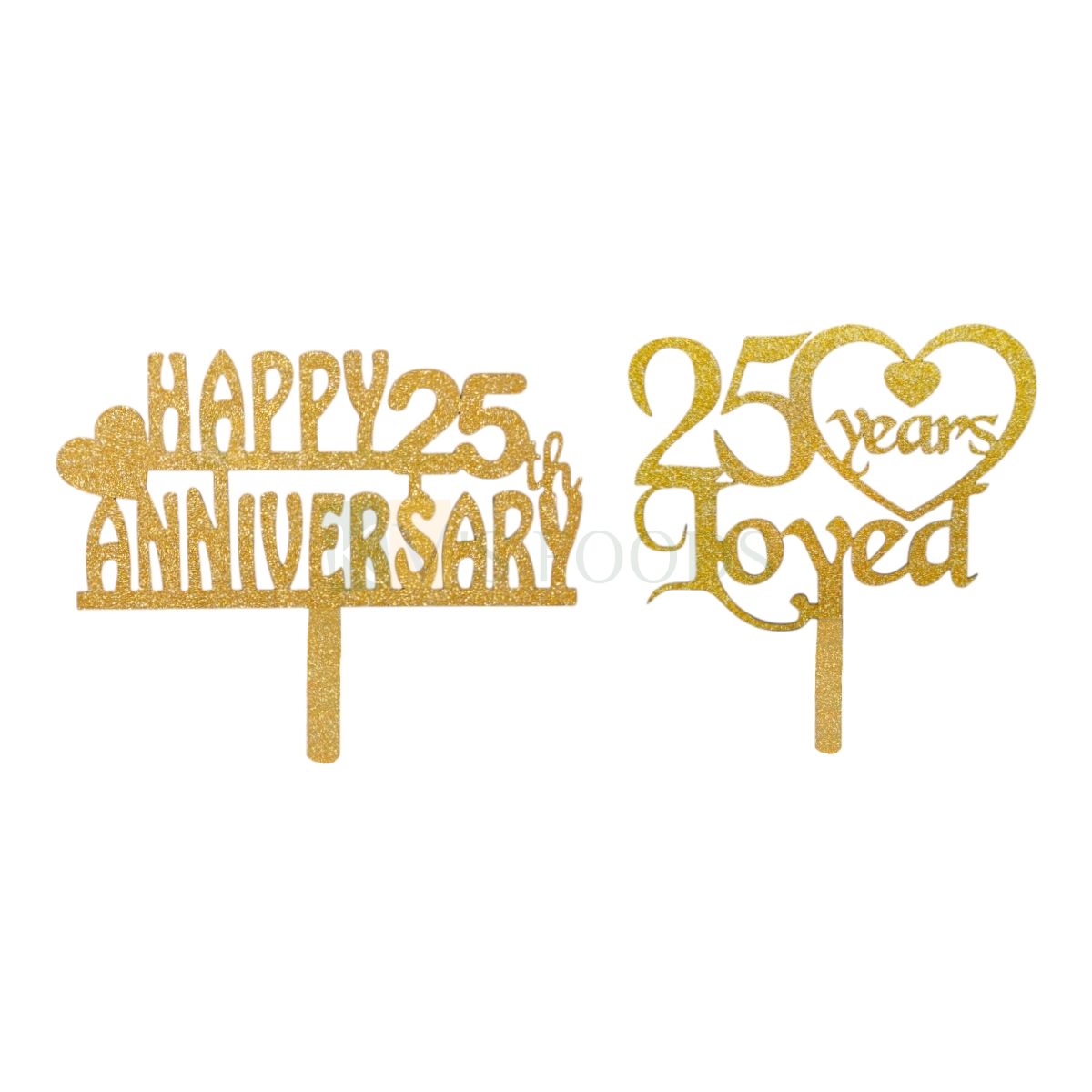 1PC Golden Shiny Glitter MDF 25 Years Loved With Heart Shape / Happy 25th Anniversary With Hearts Cake Topper, 25 Number Anniversary Love Valentine Theme, Cake Glitter Insert, DIY Cake Decorations