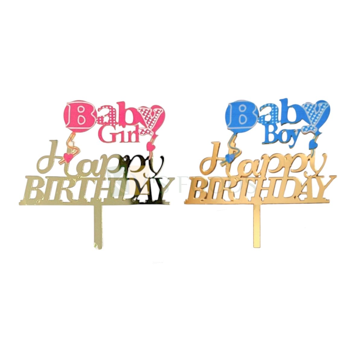 1PC Golden Acrylic Pink/Blue Baby Girl/Baby Boy Happy Birthday With Balloons Cake Topper, Gold Mirror Finish Cake Insert, Baby Girl or Baby Boy Birthday Theme Cake, DIY Cake Decorations Celebrations