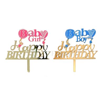 1PC Golden Acrylic Pink/Blue Baby Girl/Baby Boy Happy Birthday With Balloons Cake Topper, Gold Mirror Finish Cake Insert, Baby Girl or Baby Boy Birthday Theme Cake, DIY Cake Decorations Celebrations