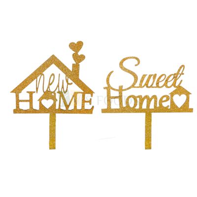 1PC Golden Shiny Glitter MDF New Home With Hearts Topper, Home Sweet Home Cake Decor, Housewarming Party Booking of New House, Unique Elegant Font Design Cake Glitter Insert, DIY Cake Decorations