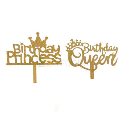 1PC Golden Shiny Glitter MDF Tiara Crown Birthday Princess Letters With Stars Cake Topper, Girls Birthday Queen Party Theme Glitter Cake Insert Unique Elegant Font Design DIY Cake Decorations