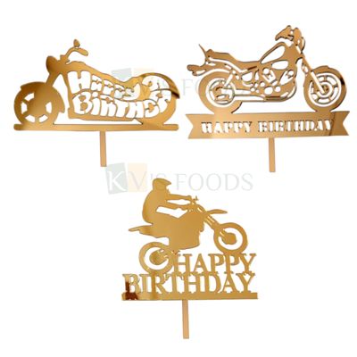 1PC Golden Acrylic Shiny Glass Finish Happy Birthday Bike Design Cake Topper Kid Boy&#39;s Birthday Theme Cake Insert, Motorcycle Riders Birthday Party, Cake Toppers for Men Boy Birthday Party Ocassions