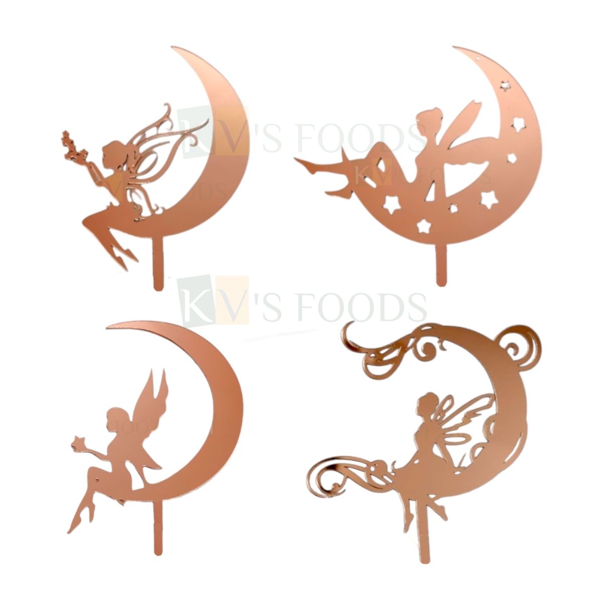 1PC Rose Gold Colour Acrylic Shiny Mirror Finish Fairy Girl Sitting On Moon Design and Stars In Hand Cake Topper, Elf Fairy Cake Insert, Girls Theme Happy Birthday Angel Butterfly Wings Topper