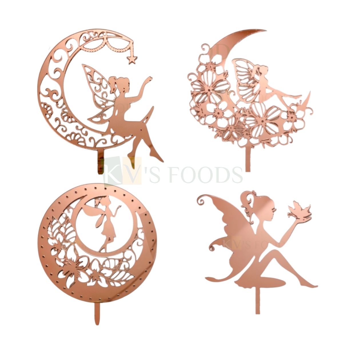 1PC Rose Gold Colour Acrylic Shiny Mirror Finish Fairy Girl Sitting On Moon Design and Star Cake Topper, Elf Fairy Cake Insert, Girls Theme Happy Birthday Angel Butterfly Wings Topper Cake Decoration