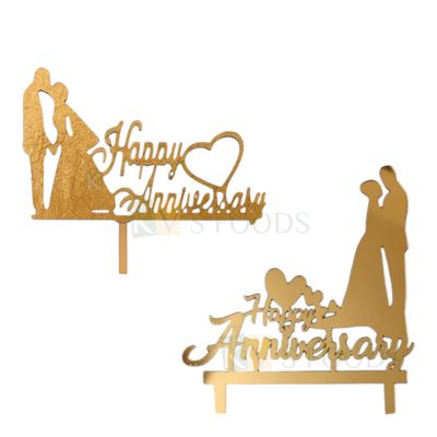 1PC Golden Acrylic Shiny Glass Finish Dressed Up Kissing Bride and Groom Happy Anniversary Letters with Hearts Cake Topper, Marriage Anniversary Topper Romantic Couple Engagement Celebration Inserts