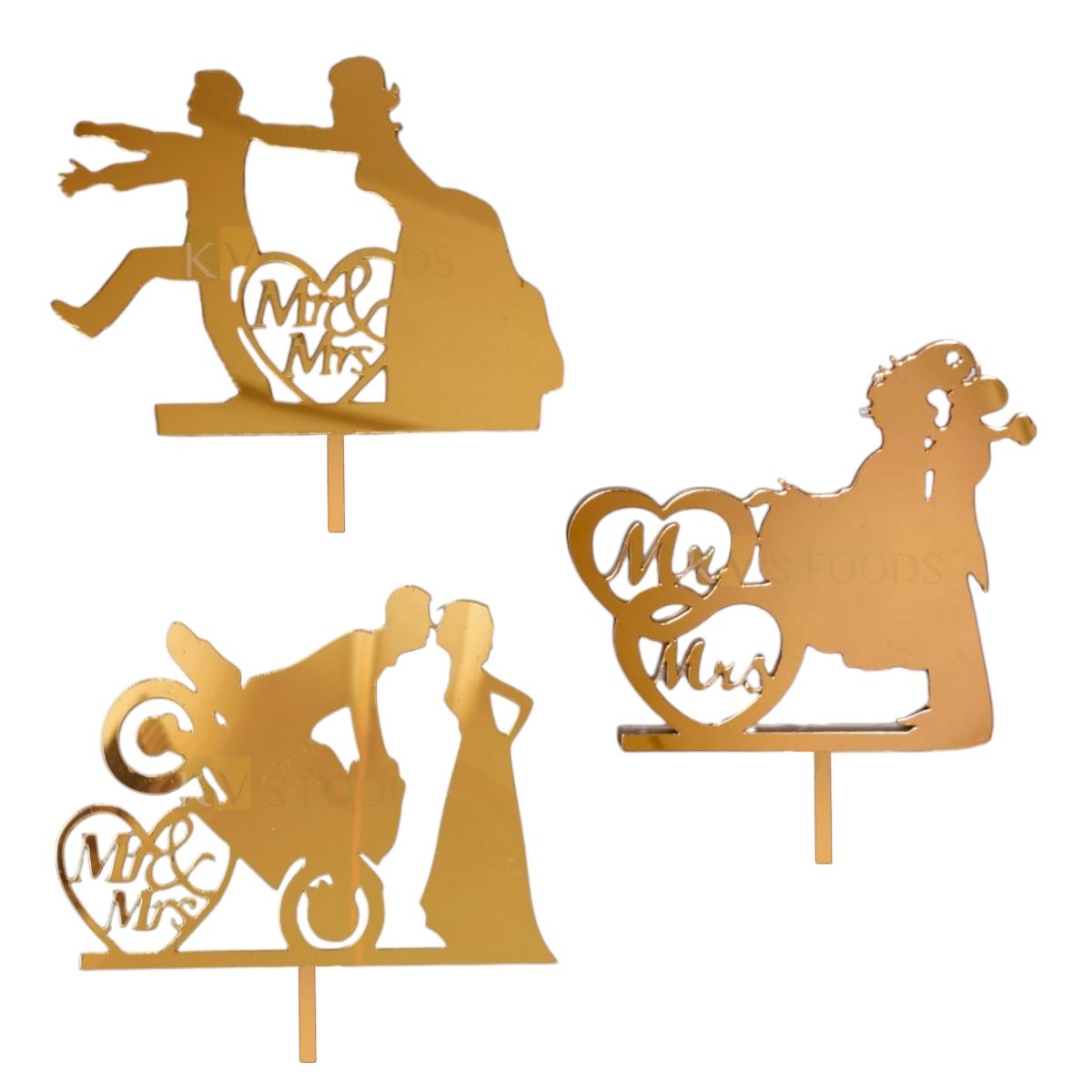 1PC Golden Acrylic Shiny Glass Finish Dressed Up Groom and Bride Kissing Mr &amp; Mrs In Heart Cake Topper, Romantic Couples Fiance and Fiancee Love Theme Engagement Cake Insert, Wedding Anniversary Theme